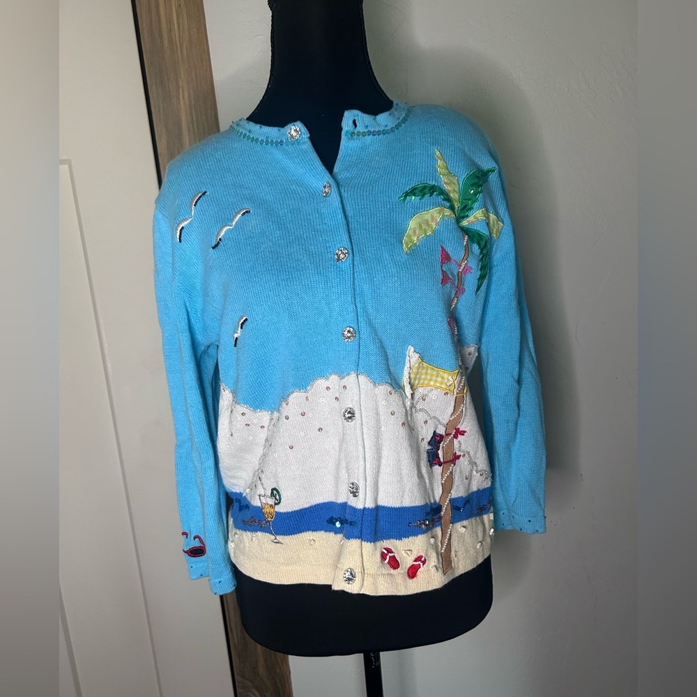 Vintage Jack B. Quick Women's Blue Beach Scene Cardigan Sweater Embroidered